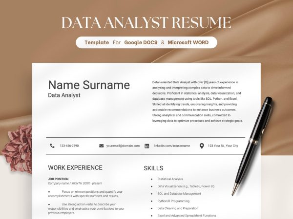 Data Analyst Resume ATS Friendly Resume Template for Google Docs Word Resume ATS Compatible Resume Template Professional