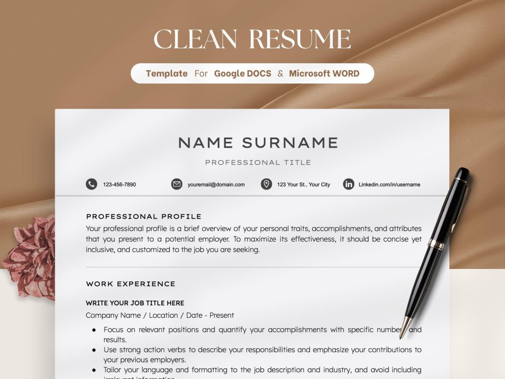 Clean Resume Template Google Docs And Word Minimalist Executive Resume ...