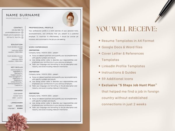 Professional Resume Template for Word Google Docs Clean CV Template Resume and Cover Letter Template - Image 2