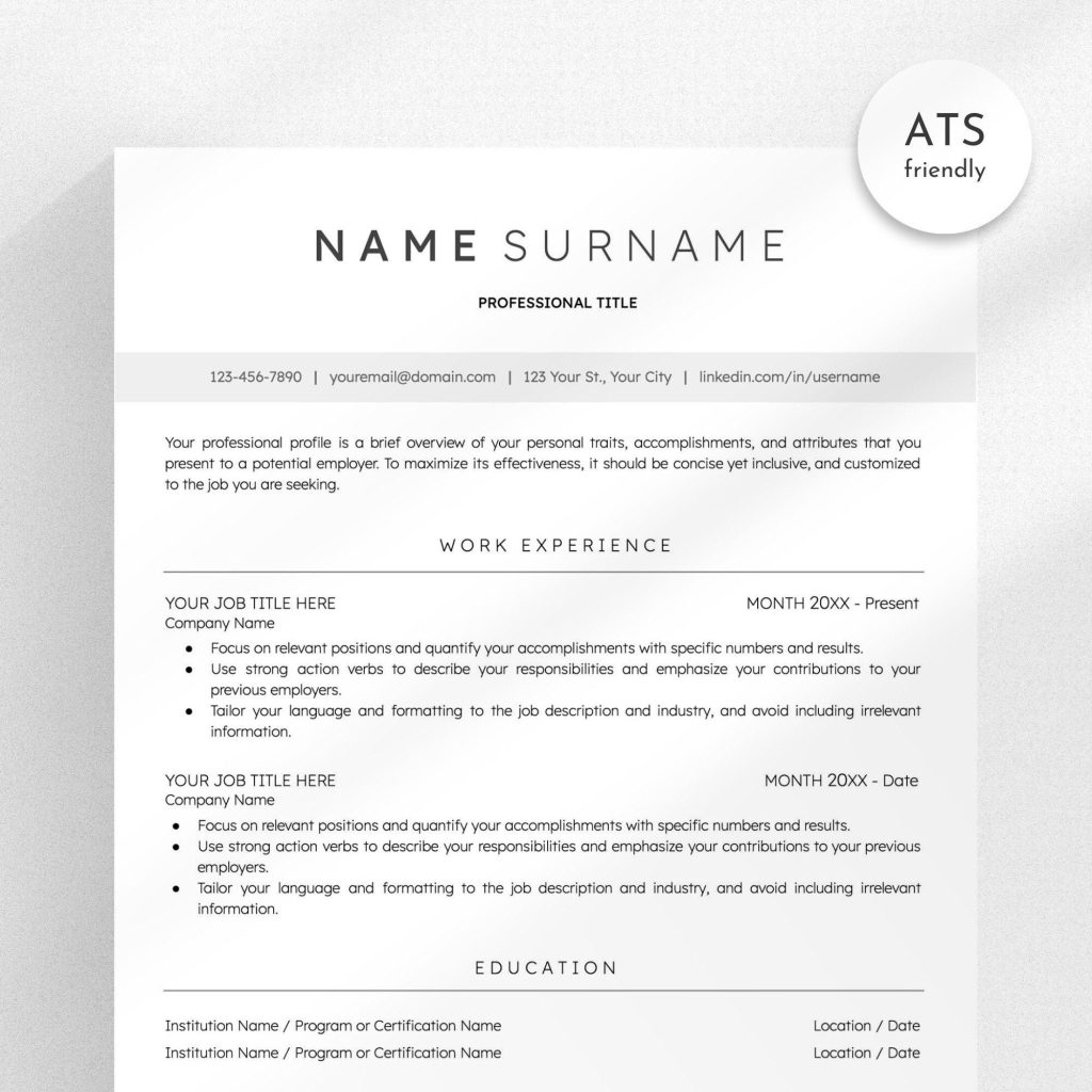 ATS Friendly Resume Template For Microsoft Word Cover Letter And ...