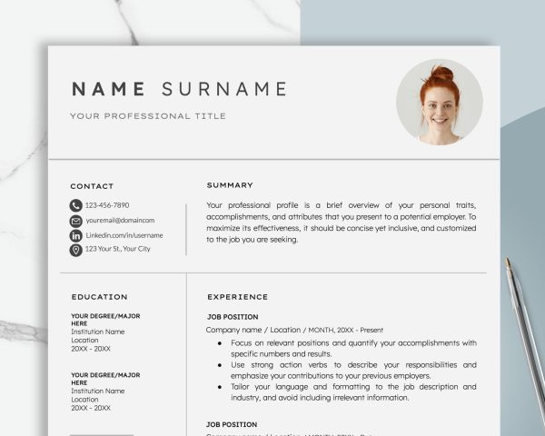 One Page Resume Template for Google Docs  Word - Customizable Professional CV Elegant Cover Letter  Simple Clean Design for Job Seekers