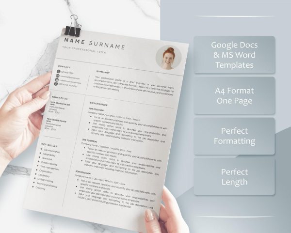 One Page Resume Template for Google Docs  Word - Customizable Professional CV Elegant Cover Letter  Simple Clean Design for Job Seekers - Image 2