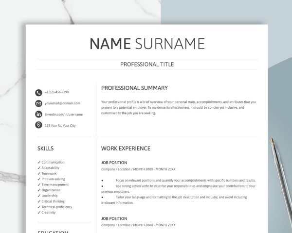 Resume Template Word Google Docs Professional Resume CV Template Modern Resume Minimalist Resume CV Resume