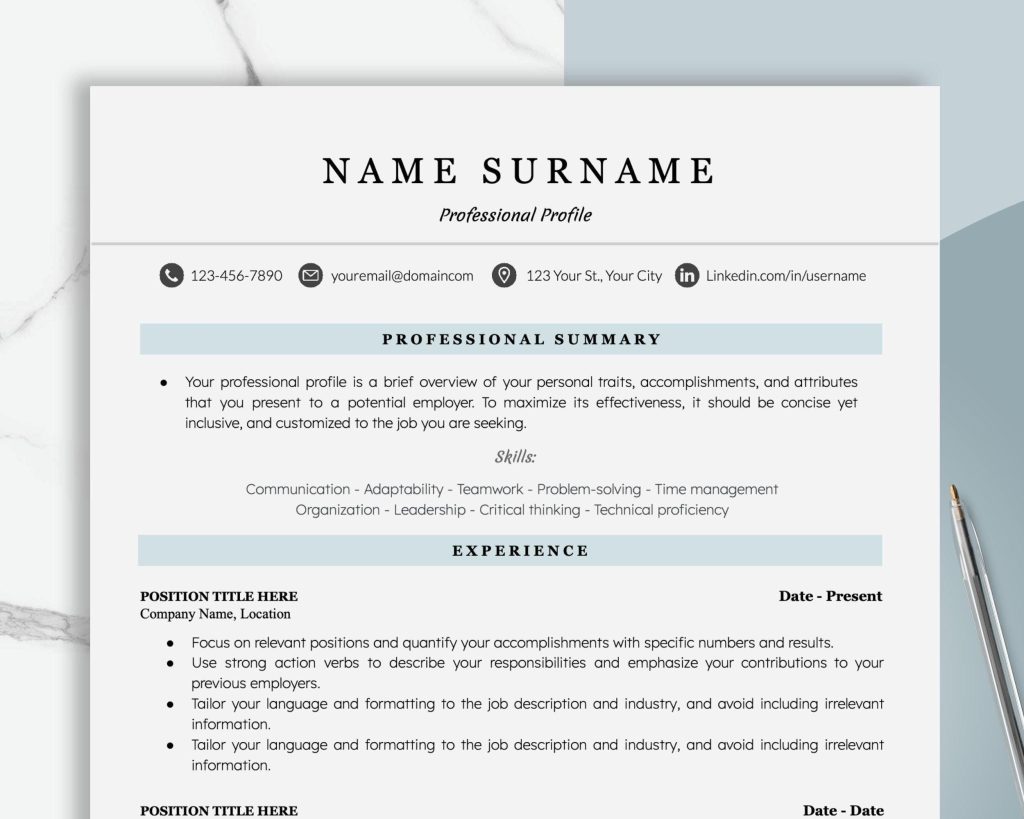 Minimalist Resume Template For Google Docs Word - Clean Simple Modern ...