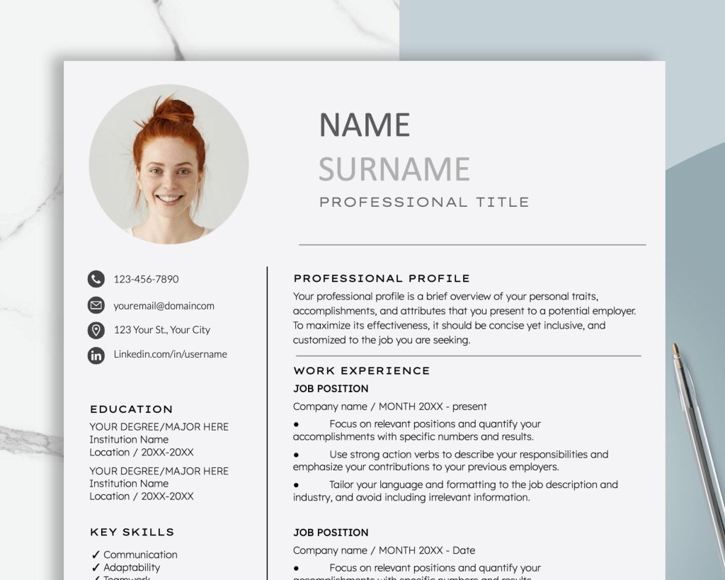 Resume Template With Picture For Word Google Docs Modern Clean Resume ...