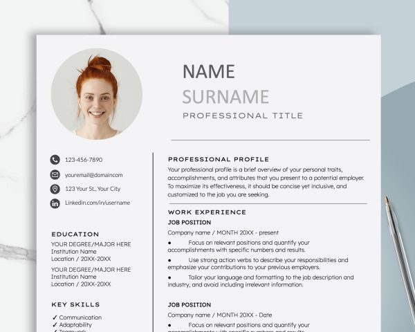 Resume Template with Picture for Word Google Docs Modern Clean Resume Professional CV Template Headshot Resume Instant Download
